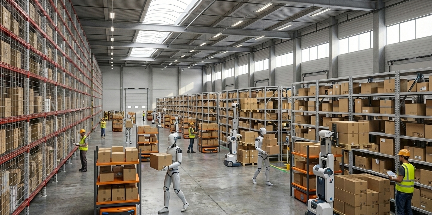 Futuristic warehouse background showcasing automated systems and smart logistics